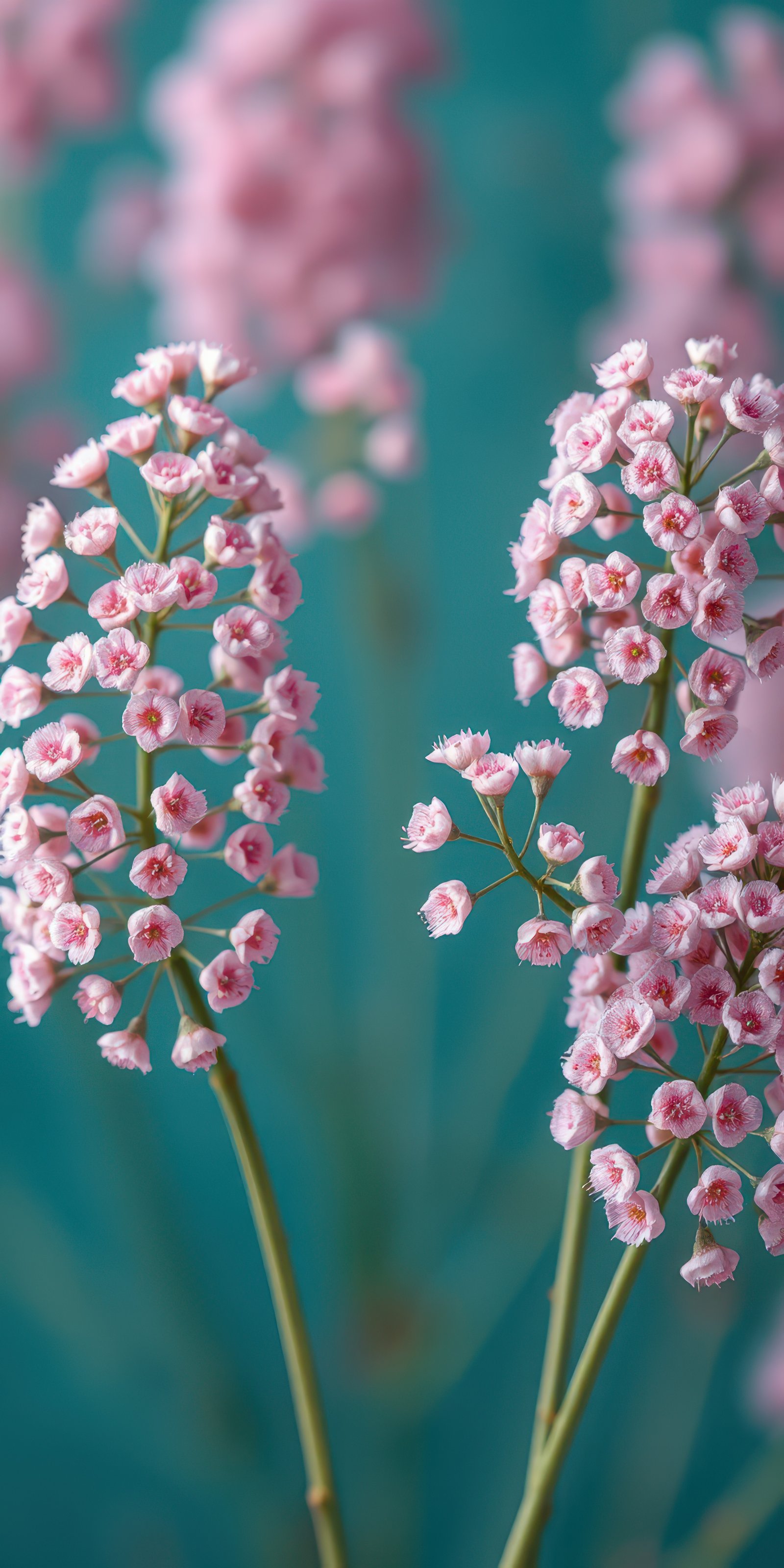 Delicate pink flowers bloom gracefully against a soft blue background in a serene garden setting